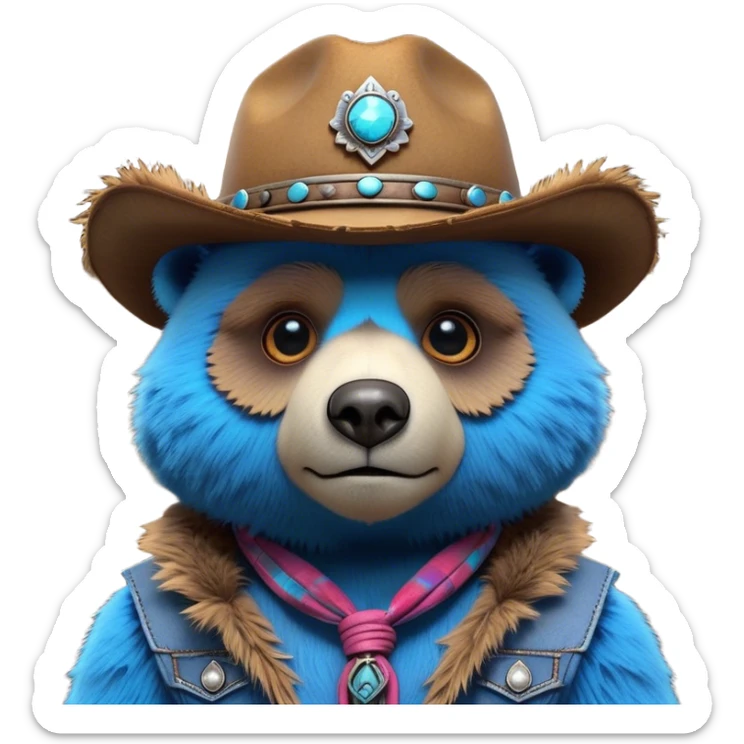 3D, adorable little Pixar style blue neon punk bear wearing a cowboy hat, ultra detailed, each lash, eye, and strand of fur is shown in stunning detail as though captured in a timeless photograph, rich textures, visually rich, so lifelike it feels like it could leap off the page at any moment sticker