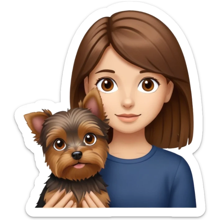 girl with brown hair and brown eyes with a Yorkshire Terrier dog sticker