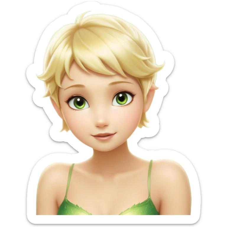Cinematic Realistic Blonde Tinker Bell Fairy Portrait, depicted with lifelike, delicate skin glowing with a subtle radiant aura, soft natural lighting accentuating her gentle features, and intricately detailed golden blonde hair styled in a whimsical pixie cut. Her iridescent, translucent wings shimmer with delicate fairy dust, and her expressive, sparkling eyes reflect a world of magic. Adorned in a subtle blend of woodland greens and soft pastel accents, the portrait exudes an enchanting glow that seamlessly merges realism with fairy charm. sticker