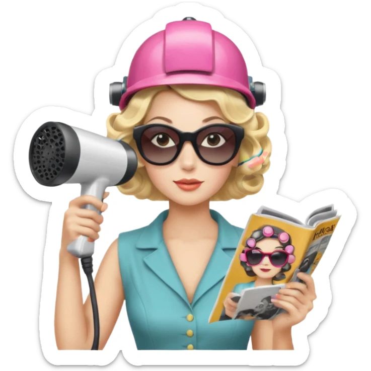 Emoji de mujer con casco secador, gafas de sol, rulos y leyendo revista, estilo vintage chic sticker