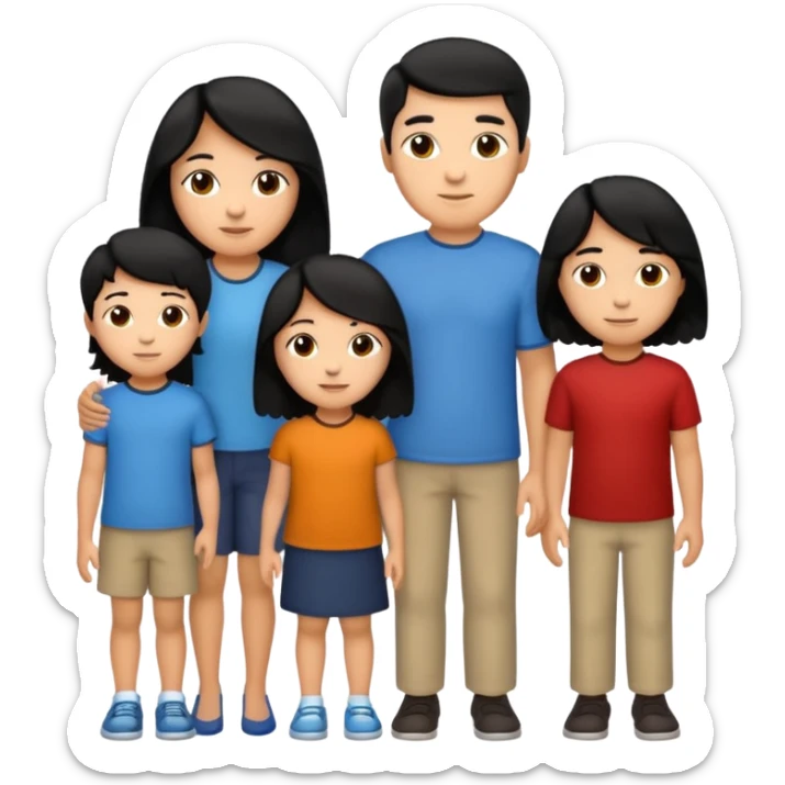 Hispanic family of five together: mom with long straight hair, dad with short curly hair, three kids—oldest 9-year-old boy with short hair, 6-year-old girl with long straight hair, 6-year-old boy with short hair (twins), apple emoji style sticker