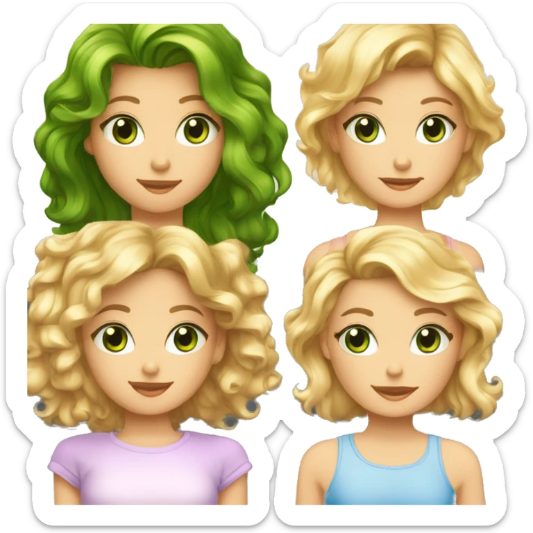 TRIO AVEC UNE FILLE AU cheveux mi-long blonde au yeux bleu + une fille avec les cheveux mi-long bouclé yeux brunc + une fille avec les cheveux legerement court ondulé avec les yeux vert  sticker