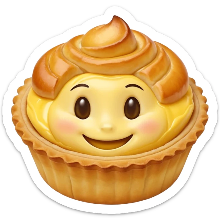 Hong Kong egg tart with flaky crust and yellow custard filling, smiling face sticker