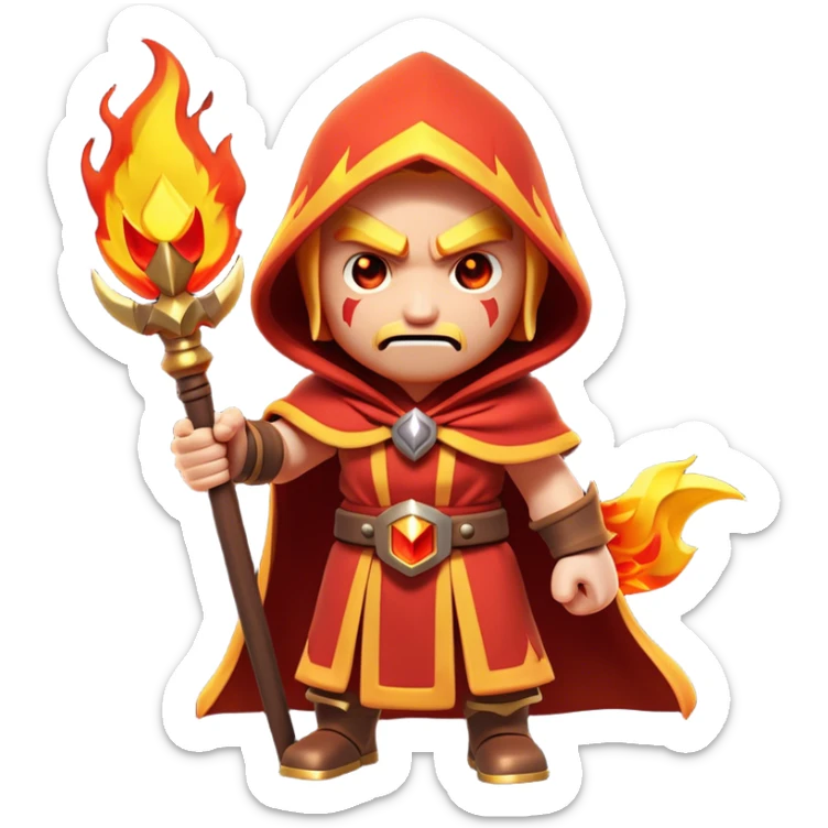 Clash of Clans aesthetic: Cinematic Ferocious Fire Mage Hero closeup Emoji, rendered in a 3D vector-style similar to standard emojis with minimal shading and bold, simplified shapes. A compact, isometric figure draped in flowing, charred and ember-lined robes, wielding a fiery staff crackling with intense flames. Eyes burning with an infernal glow, exuding raw, untamed power. Simplified yet unmistakably iconic, highly detailed and consistent, glowing with a fiery, molten radiance and high shine. Stylized with a touch of menacing sorcery and a searing, ember-infused outline, capturing the essence of a wrathful mage ready to unleash devastating fire magic! sticker