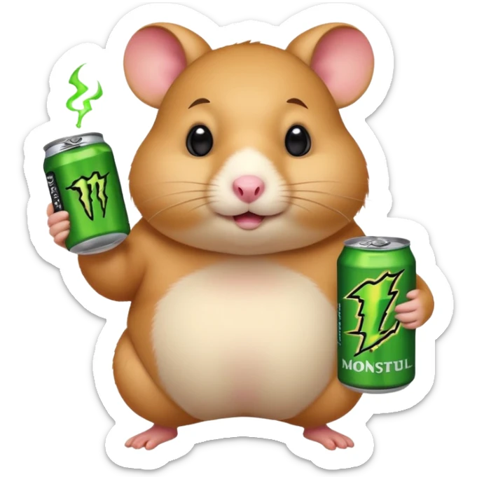 Funny cartoon-style fat hamster wide eyed like a crackhead holding a can of monster energy in one hand and redbull in the other hand sticker