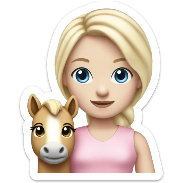 Blonde, pale skin, blue eyes girl wearing a pink dress holding her pony stuffed animal. sticker