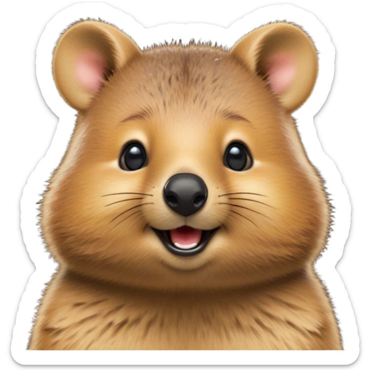 Cinematic Cute Quokka Portrait Emoji, Head tilted playfully and inquisitively, featuring a fluffy, round face with a naturally cheerful grin and bright, sparkling eyes full of playful curiosity, Simplified yet irresistibly adorable features, highly detailed, glowing with a warm, friendly glow, high shine, affectionate and spirited, stylized with a touch of Aussie whimsy, bright and endearing, soft glowing outline, capturing the essence of a mischievous yet loving quokka, so playful it feels like it could scamper out of the screen and into your arms! sticker