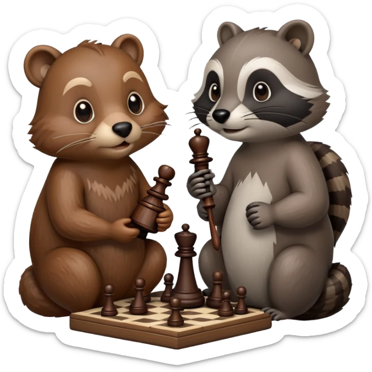 A detailed emoji of a beaver and a raccoon sitting at a chessboard, intensely focused on the game. The beaver has a thoughtful expression, holding a chess piece, while the raccoon looks mischievous, ready to make a move. sticker