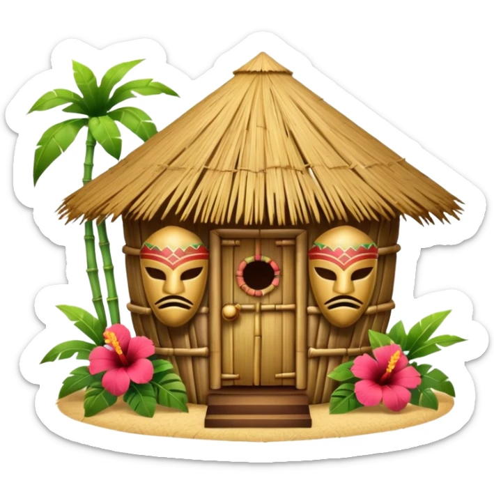 Hawaiian tiki hut house, round tropical hut, bamboo details, thatched roof, tiki masks decoration, hibiscus flowers, cute mobile game icon, 3D cartoon, clean background, no text sticker