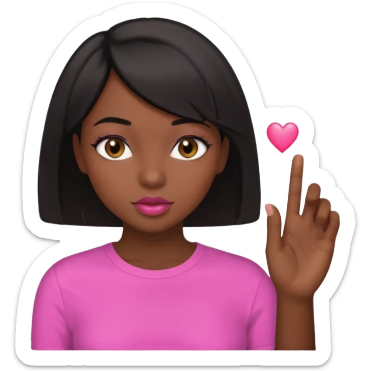 Dark skin girl asking for money with hand out make her more fabulous but still a clean look with a black bob and pink shirt  brown eye  with the kiss lips  sticker