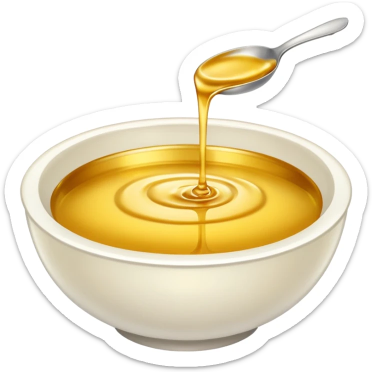 white bowl of gold liquid, vibrant gold color, smooth, no spoon, simple, clear sticker