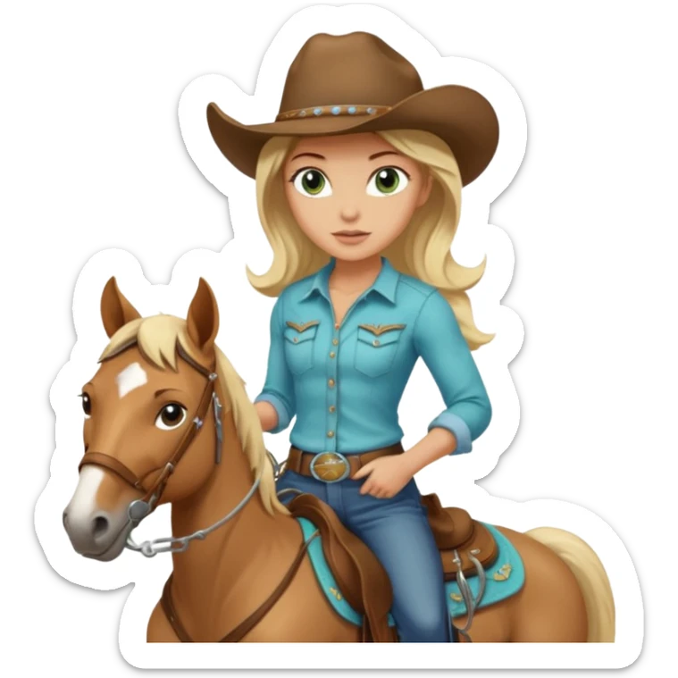 one blonde with light blue green eyes cowgirl on a quarter horse sticker