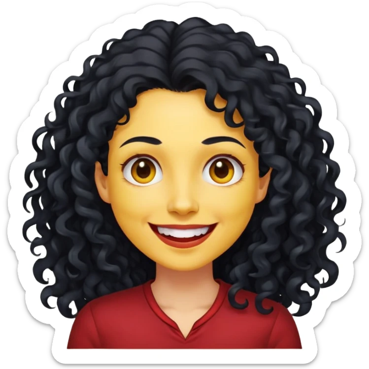 Người phụ nữ 40 tuổi, da vàng, tóc dài xoăn màu đen,mỉm cười nhẹ nhàng không hở răng, áo đỏ đậm, nửa thân trên sticker