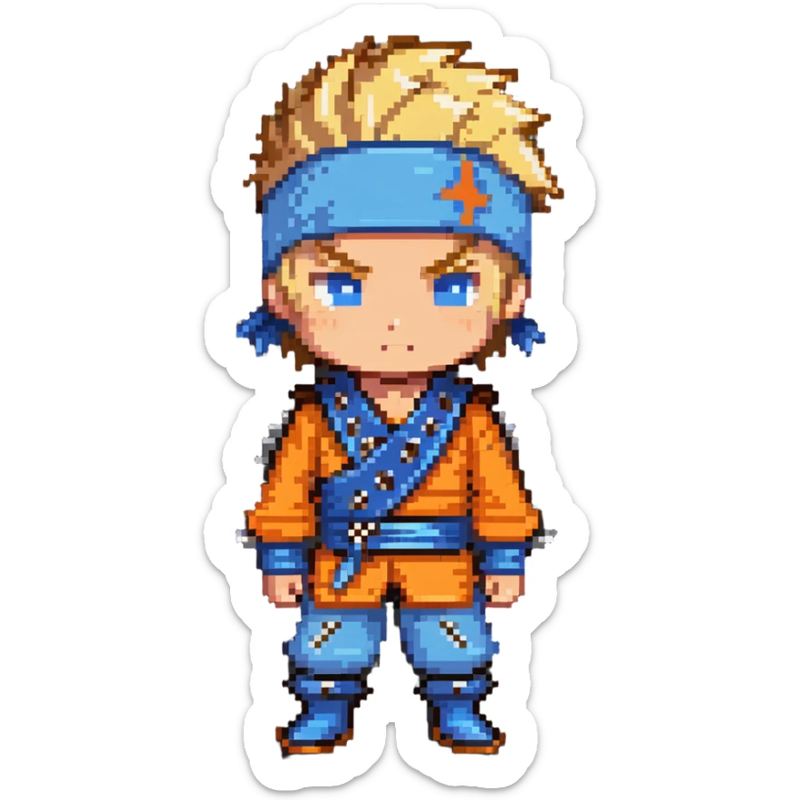 A blonde ninja boy with spiky hair, whisker marks on cheeks, orange outfit, and blue headband with metal plate sticker