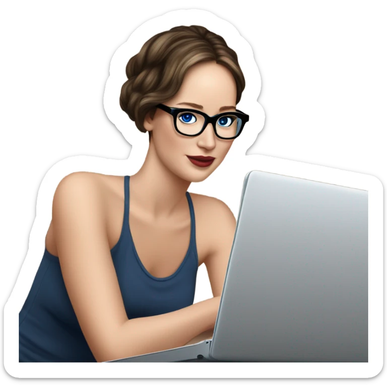 Realistic Photo of Brunette Jennifer Lawrence wearing black glasses and blue eyes talking on their laptop  sticker
