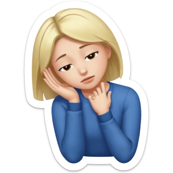 Can you make a girl face forwards and drop her head downwards facing the ground where her right arm is bent with her elbow outwards and her fingertips near her face while the left hand is put out straight and fingers pointed.  sticker