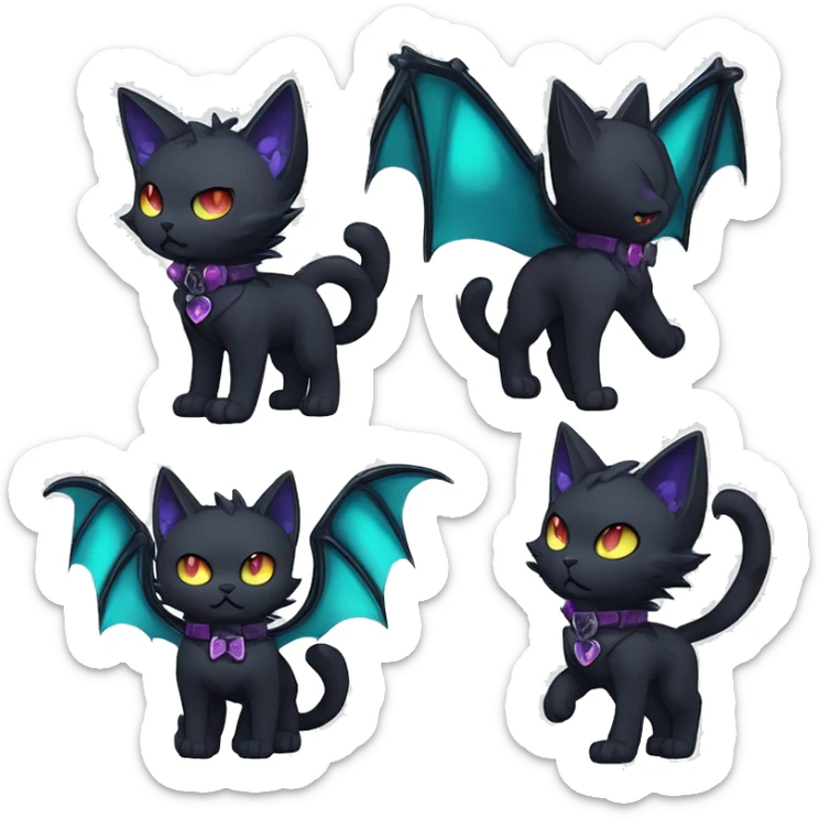   cool edgy kawaii anime ethereal dark-punk-themed animal vampiric cat-hybrid Fakemon with fangs and bat-wing-ears with a collar full body sticker