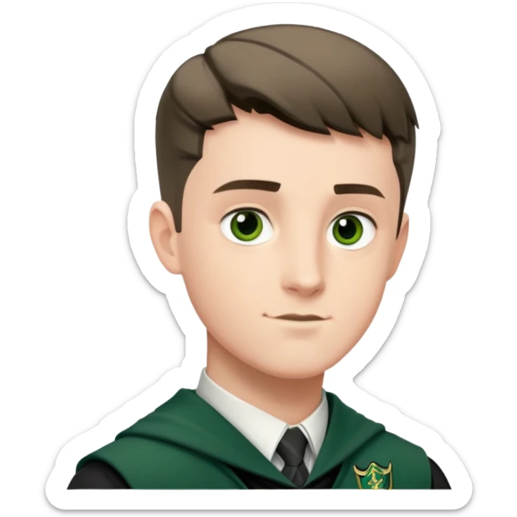 Scott Fern is Adrian Pucey  in harry potter, wear hogwarts slytherin uniform, crew cut hair sticker