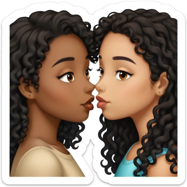 two girls kissing one with brown skin and black curly hair and one with light brown skin and black straightened long hair  sticker