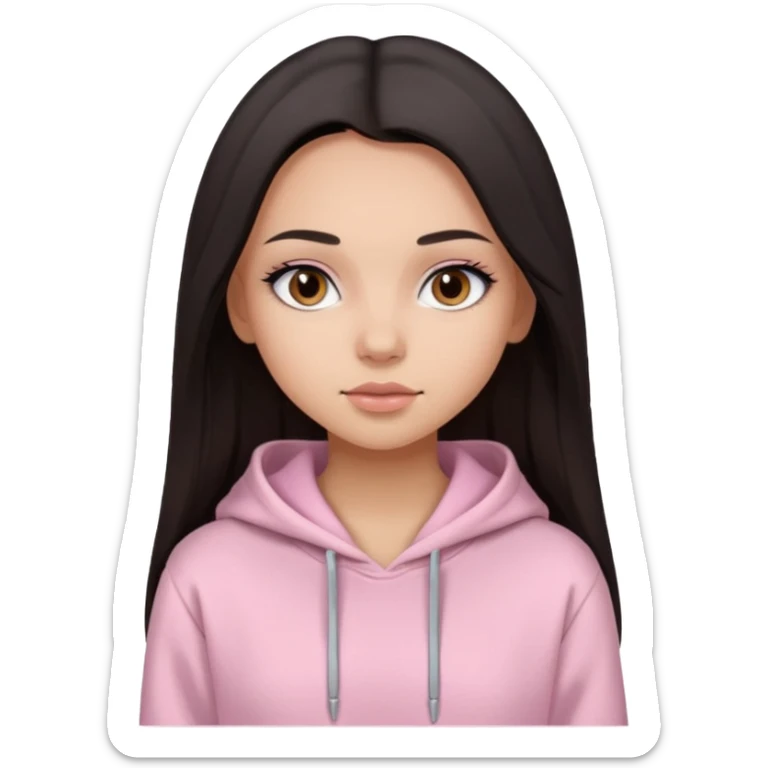 A pretty girl with light skin and long straight black brown hair, wearing a very light pink basic hoodie with brown eyes and makeup and a round face sticker