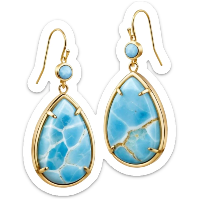 No emoji icons, no emoji faces, 8k quailty, clean, smooth design, isolated, hyper realistic, ultra sparkly, detailed, 10k yellow gold, gorgeous colorful Larimar Raw Crystal earrings set, rendering. Full transparent background  sticker