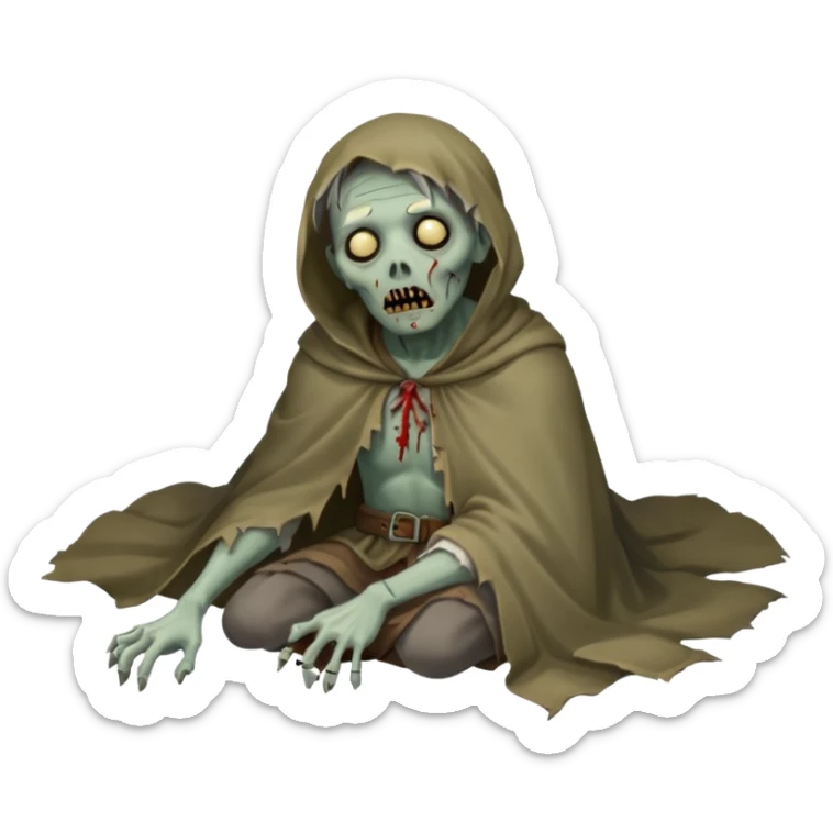 fullbody zombie leper laying on the ground, sunken eyes, tattered cloak, visible sores sticker