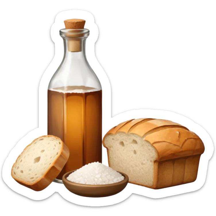 a bottle of salt (salt cellar) and a loaf of peasant bread - still life composition sticker
