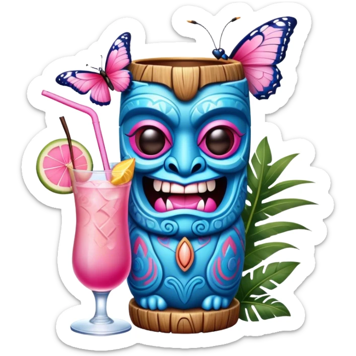 Pixar style little Blue and pink tiki singing with a butterfly and tropical drink, ultra detailed and lifelike imagery, realistic sticker