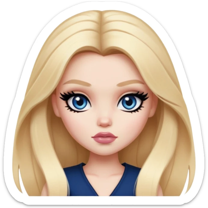  long blonde hair, pale skin, dark blue eyes, pretty bratz baddie, black eyeliner, blush sticker