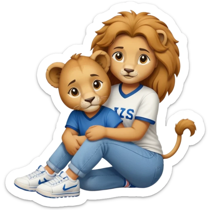 friendly anthropomorphised female lion wearing a baseball shirt, jeans, and trainers, on her hunches, comforting a friend sticker