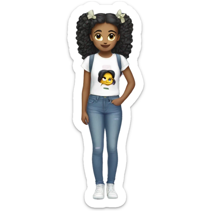 Girl with two bows in her hair and with a cute gen-z shirt and flared jeans sticker