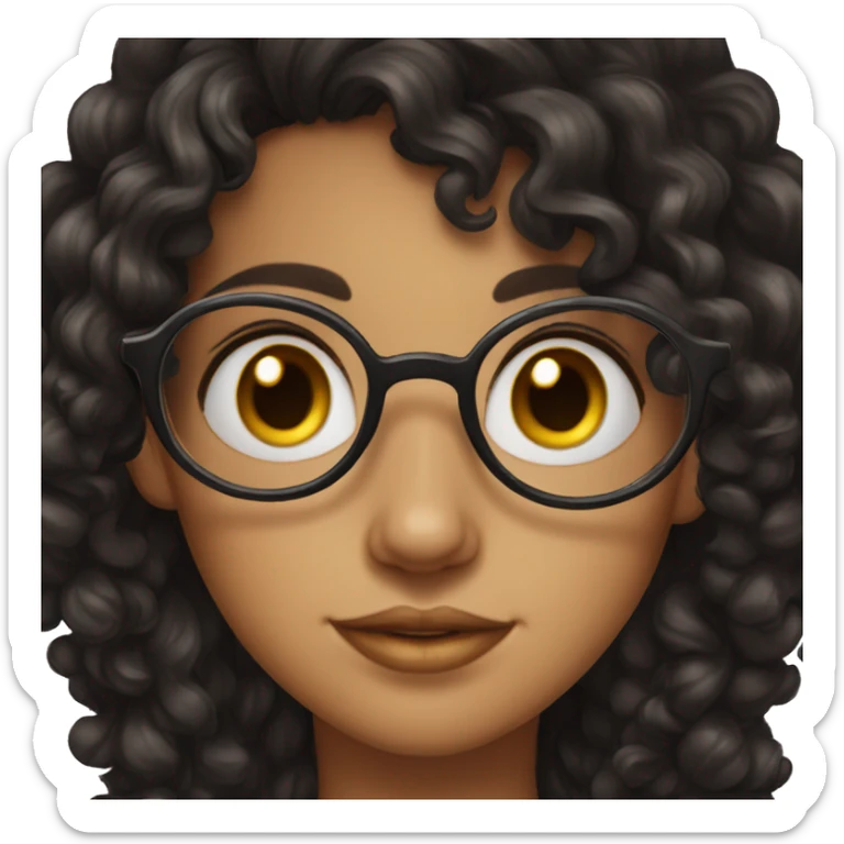 girl, big nose, long curly black hair, earrings, brown eyes, tan skin, freckles, glasses sticker