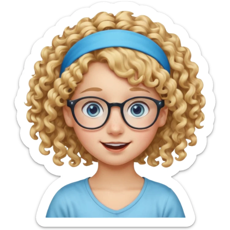 blond kid with unique face features and very curly hair kid girl happy and big glasess and big nose and very blue eyes and headband with freckles kind of nerd looking sticker