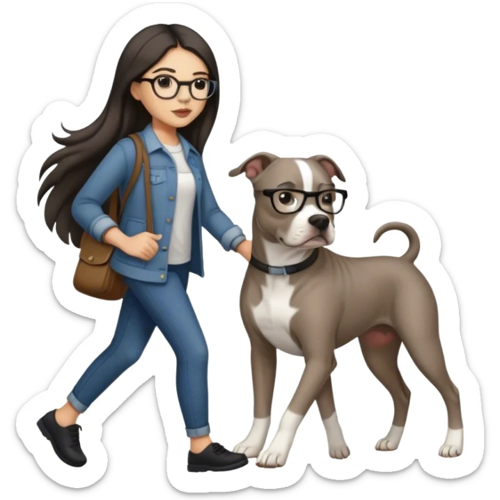 Girl with glasses and long dark hair walking grey pitbull sticker