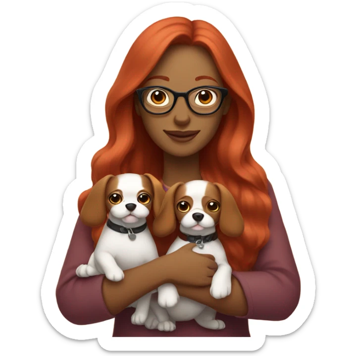 Mom with long red hair wearing glasses holding to small dogs sticker