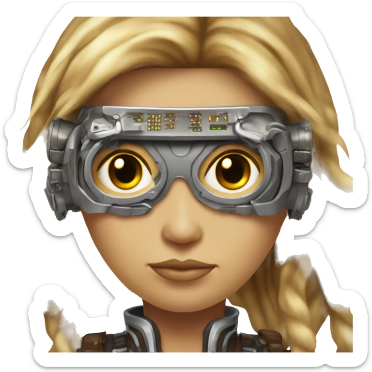 Brown long hair with blonde steaks female cyborg head, fair skin, steampunk goggles and circuits sticker