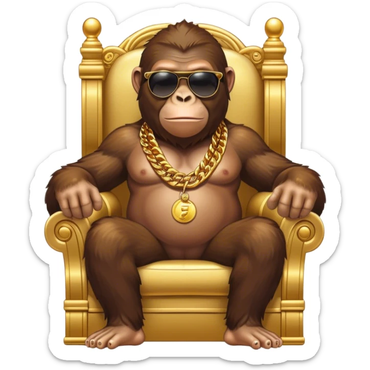 ape with big golden chain on the neck wearing sunglasses sitting in the armchair that stands on gold coins full height sticker