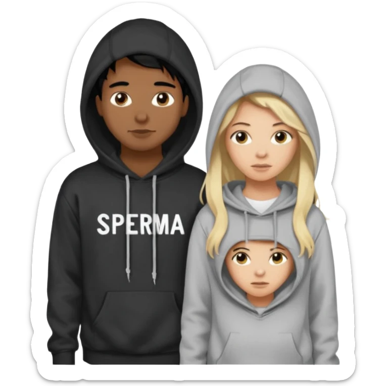 I want it to be this emote 🙍‍♂️
of a guy with black hair and a black sweatshirt with the word "sperma" written in white in the middle. Behind him, there's a pretty blonde with long hair, pulling the string on the first person's hoodie. The girl is wearing a gray sweatshirt. sticker