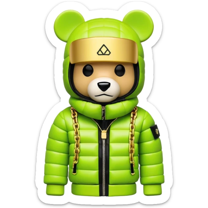 ultra-detailed bearbrick figure with perfect cube head and geometric body, wearing premium lime green balaclava with sleek integrated black visor lens at eyes, luxury oversized designer puffer jacket with prominent logo and lavish fur trim collar, heavy gold chains, streetwear icon sticker