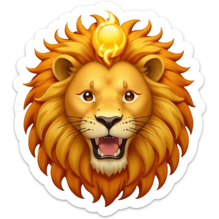 un lion avec la bouche ouverte. Au-dessus du lion, il y a un soleil. En plus, il y a des éclairs d’électricité qui se mêlent à la crinière du lion, comme s’il était chargé d’énergie. Le lion est vue de face sticker
