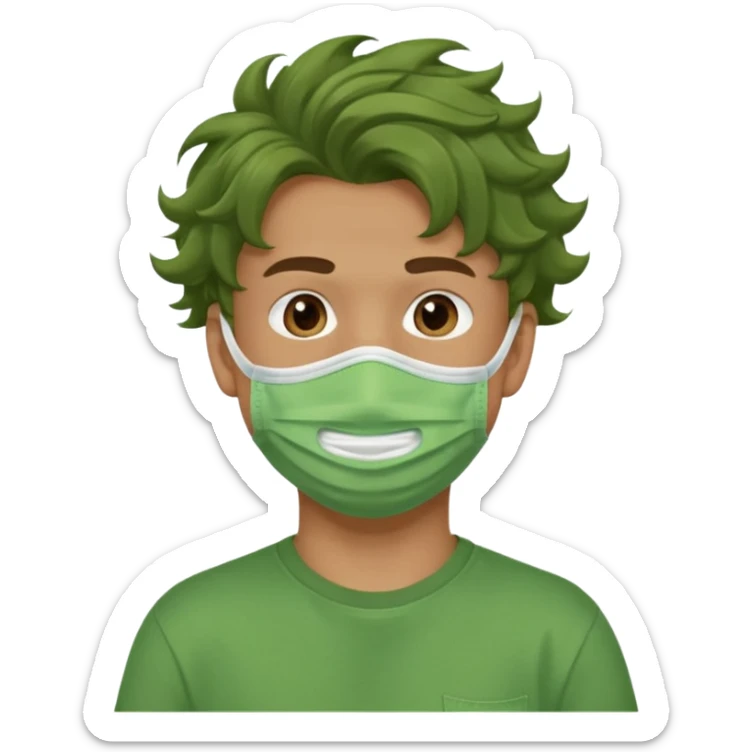A teenage boy, tanned, wearing a green t-shirt , blue jeans and green sneakers with brown wavy tousled hair, smirking, wearing a green face mask sticker