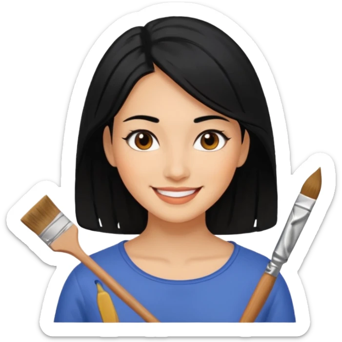 Painting Hold. Women painting smilling  black hair sticker