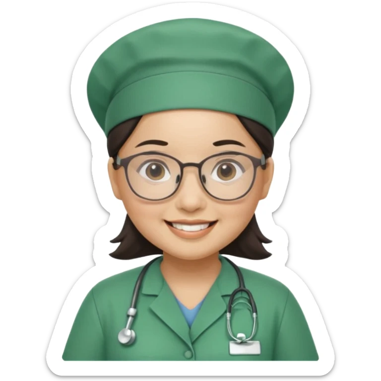 FILIPINA FEMALE NURSE, CHUBBY, NO HAIR, WITH GLASSES, GREEN SCRUBS, AND CAP, SMILING sticker