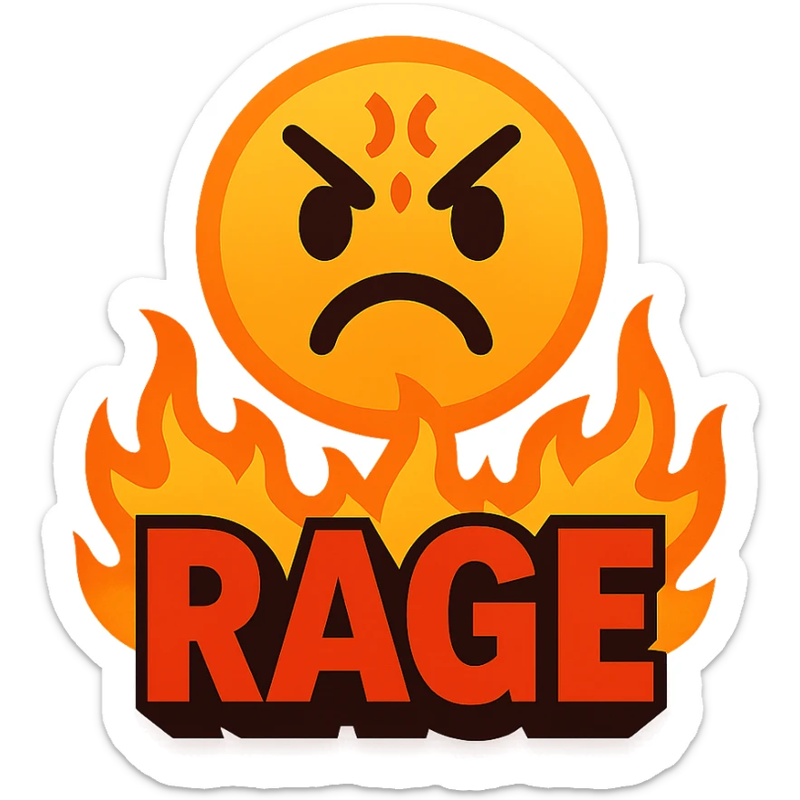 vibrant toon style emoji, red background fading to dark in the center, 'RAGE' in bold red text, flames bursting from the text sticker