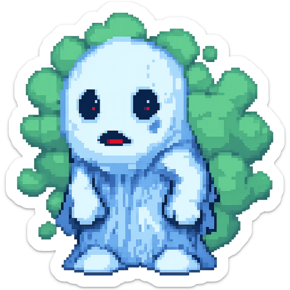 Add visible blue and green fart gas clouds behind the blue and white ghost boy. Keep no background as requested. sticker