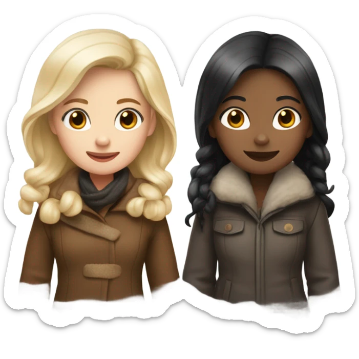 Two girls in winter coats walking- one with white skin black hair and the other with white skin and copper blonde hair  sticker