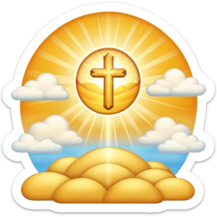 "Create a warm emoji representing morning christian spiritual awakening. Golden sunrise rays, soft light beams, peaceful clouds, or spiritual symbols like crosses, crescents, or light. No human figures - focus on light, warmth, and divine energy." sticker