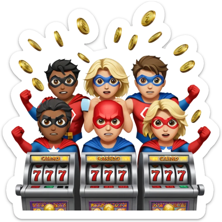 disheveled super heros losing money at a slot machine, panicked face, coins flying sticker