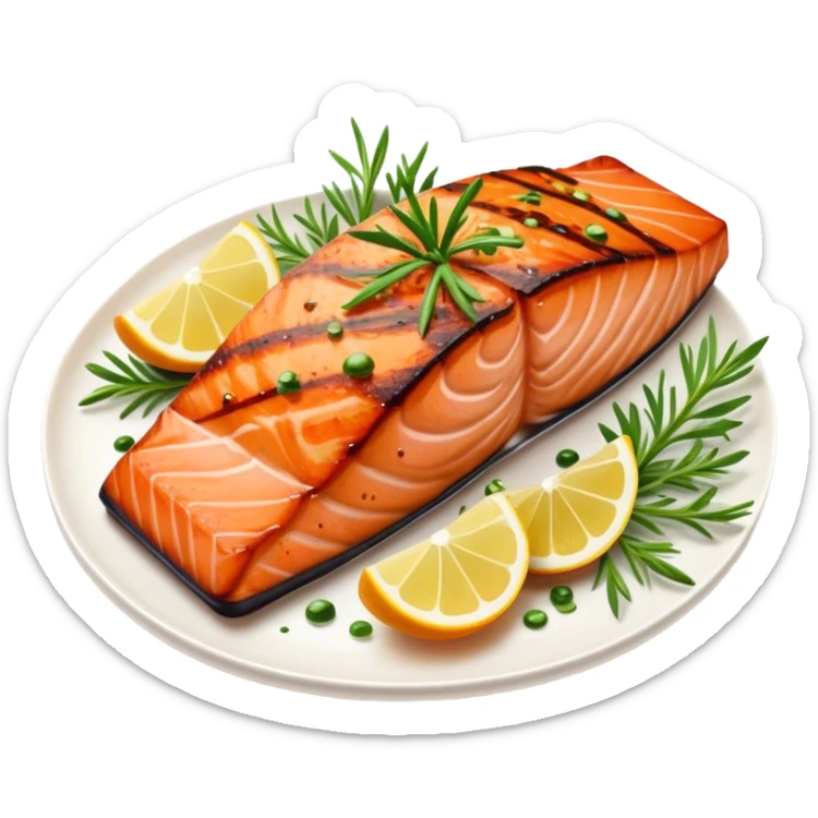 Cinematic perfectly grilled salmon, rich orange hues with crispy skin, garnished with fresh herbs, drizzled with lemon, ultra-detailed and delicious. sticker