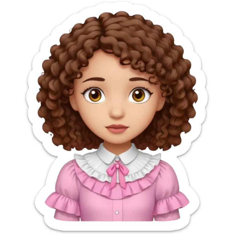 light skin girl, brown eyes, short curly brown hair, white blouse with ruffles, pink skirt with ruffles sticker
